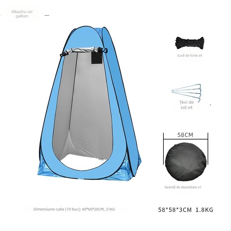 Tendă exterioară portabilă cu deschidere rapidă pentru duș și schimb, configurație cu o cameră, impermeabilă <1000mm, material poliester 170T argintiu, configurare personalizabilă