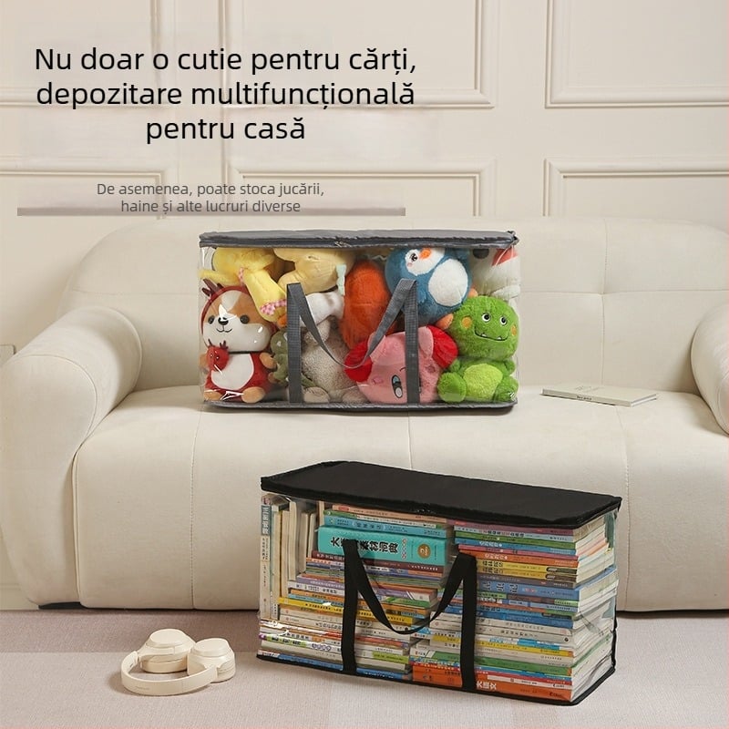 Geantă de depozitare din țesătură, pliabilă, capacitate 80L, cu acoperire PVC, potrivită pentru cărți, reviste, jucării și haine.