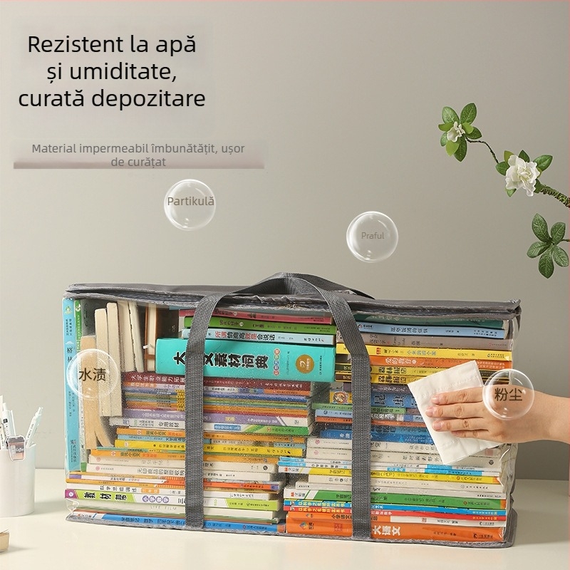 Geantă de depozitare din țesătură, pliabilă, capacitate 80L, cu acoperire PVC, potrivită pentru cărți, reviste, jucării și haine.