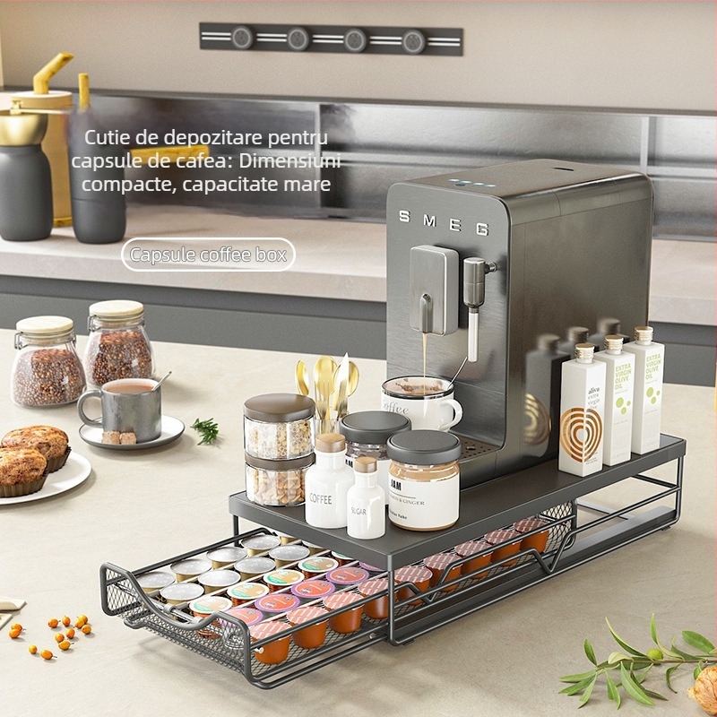 Suport pentru capsule de cafea, capacitate 50 capsule, sertar reglabil, cadru îngroșat, pentru blat de bucătărie