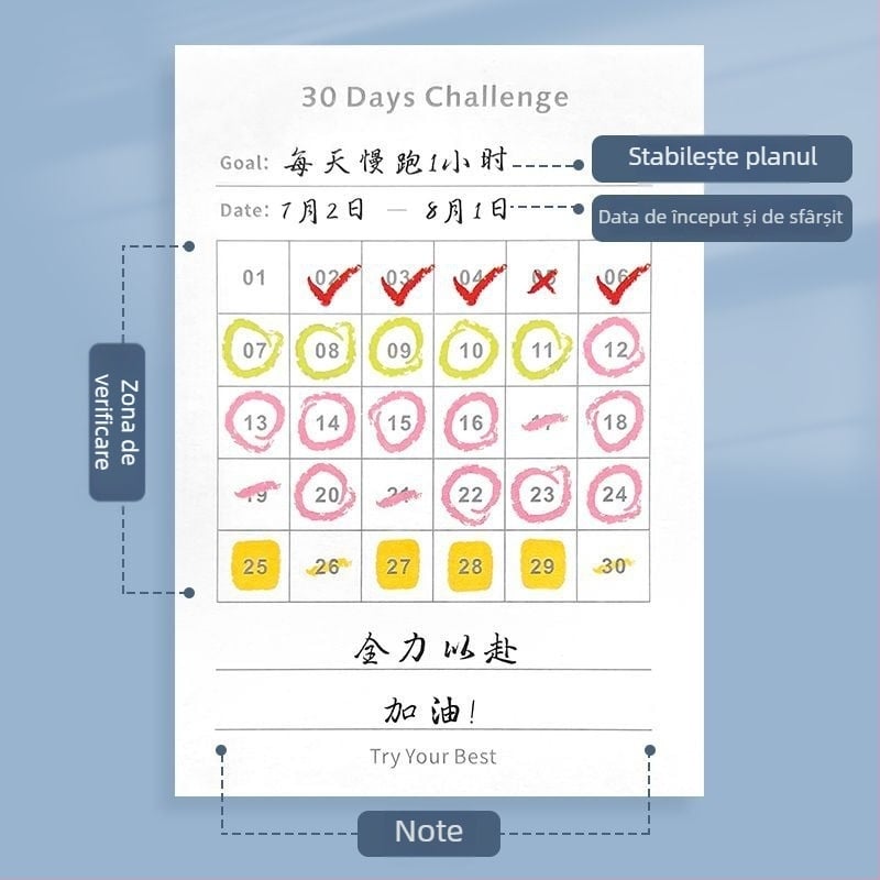 Jurnal de înregistrare de 30 zile, planificator lunar, concentrare pe autodisciplină, formă bloc de hârtie, fără adeziv