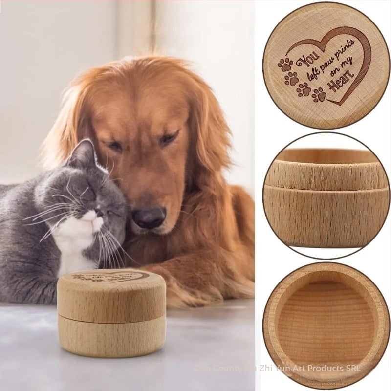 Urnă memorială pentru animale de companie din lemn — recipient circular cu capac, stil etnic, personalizare la comandă, imprimare logo, execuție semi-manuală și semi-mecanică, pentru pisici și câini