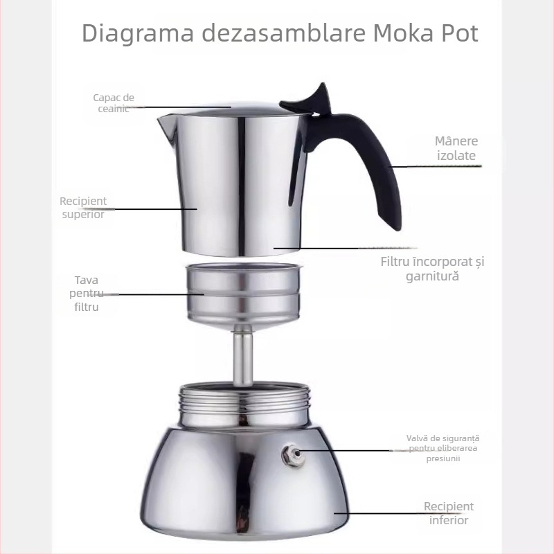 Moka pot din oțel inoxidabil 304 pentru extracția espresso, cu fund îngroșat