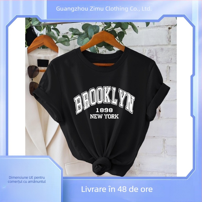 Tricou cu imprimeu litere, mânecă scurtă, guler rotund, poliester 95%+, imprimare prin transfer termic, HOOK ON YOU