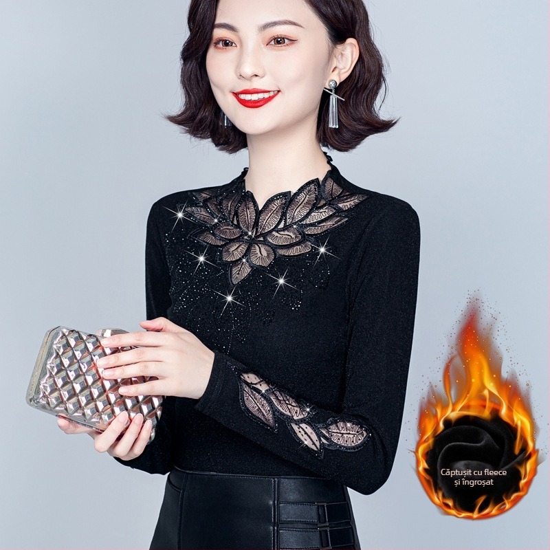 Top de bază slim cu mâneci lungi, căptușit cu fleece, panouri din plasă și dantelă, guler cu stand, material poliester