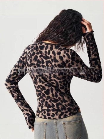 Cardigan tricotat pentru femei cu imprimeu leopard, decolteu în V, mâneci lungi (poliester cu spandex; țesătură tricotată; grosime normală)