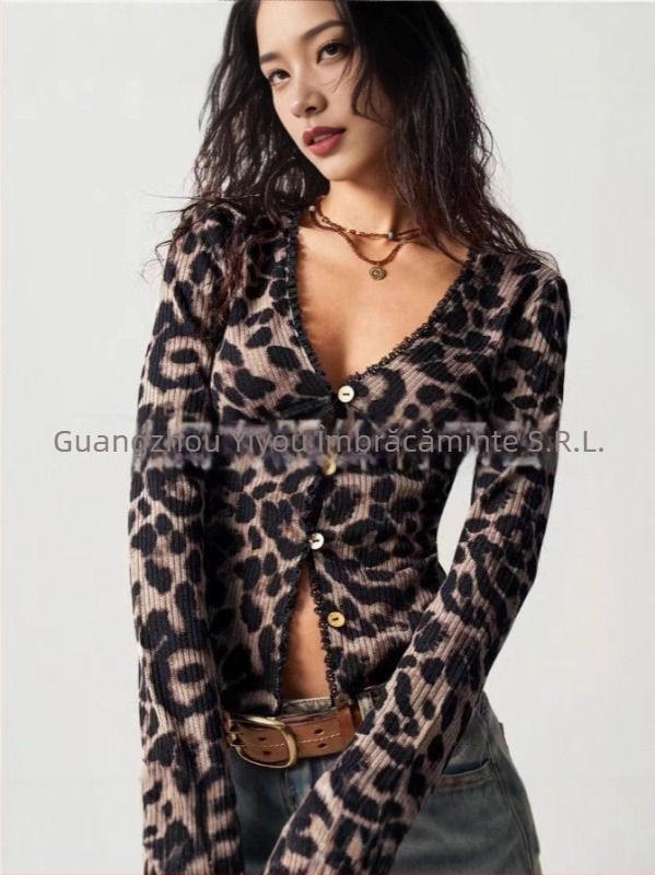 Cardigan tricotat pentru femei cu imprimeu leopard, decolteu în V, mâneci lungi (poliester cu spandex; țesătură tricotată; grosime normală)