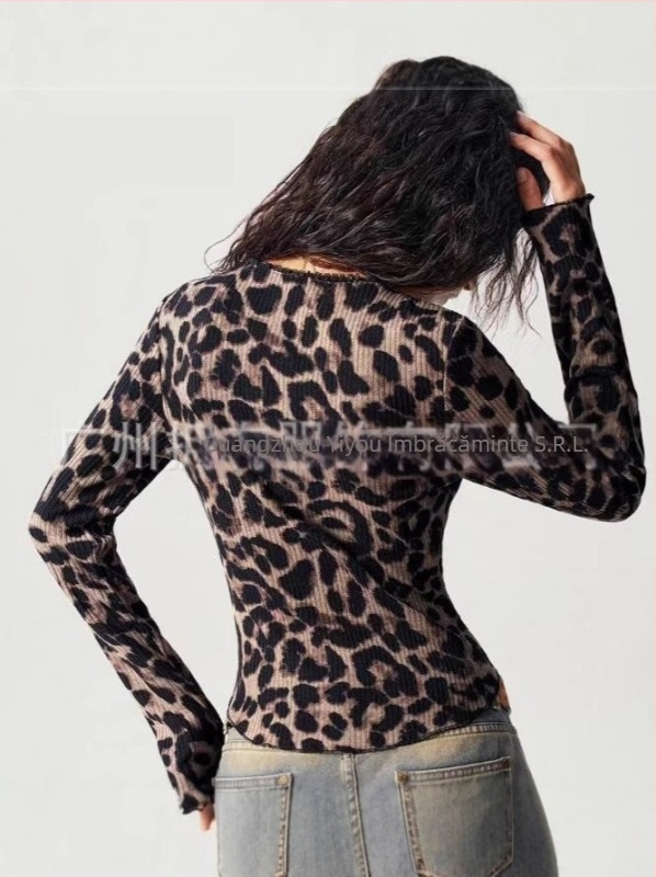 Cardigan tricotat pentru femei cu imprimeu leopard, decolteu în V, mâneci lungi (poliester cu spandex; țesătură tricotată; grosime normală)