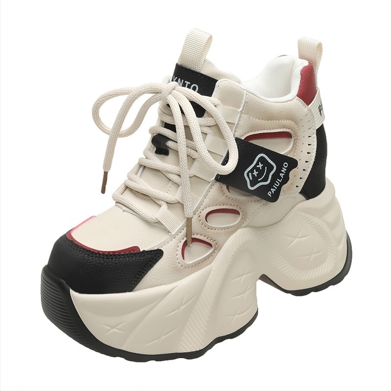 Pantofi sport damă tip dad shoes, 10 cm înălțime interioară, talpă groasă, partea superioară din plasă, închidere cu șiret în față