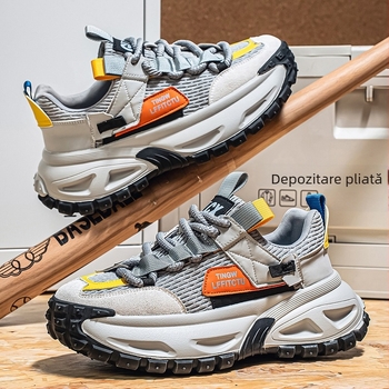 Pantofi bărbați Dad Shoes cu talpă groasă, partea superioară din piele sintetică, talpă din cauciuc, închidere cu șireturi, branț EVA, înălțime călcâi 3–5 cm