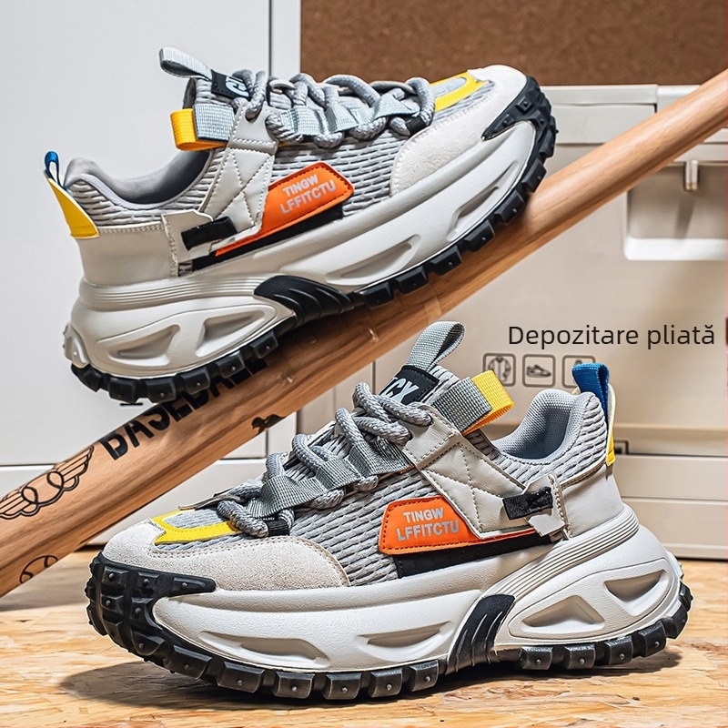 Pantofi bărbați Dad Shoes cu talpă groasă, partea superioară din piele sintetică, talpă din cauciuc, închidere cu șireturi, branț EVA, înălțime călcâi 3–5 cm