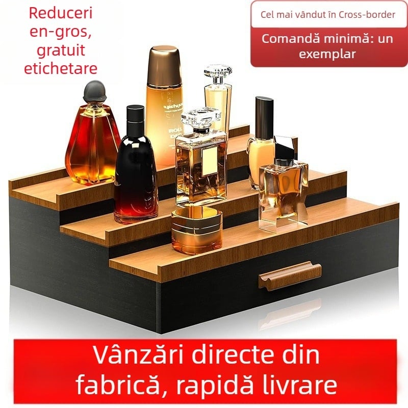 Cutie de depozitare cosmetică din lemn pentru birou, cu sertar și strat ascuns, suport de afișare parfumuri (lemn; sertar; strat ascuns; suport de afișare parfum; imprimare logo disponibil)