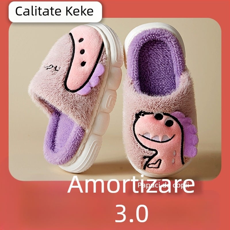 Papuci de interior pentru copii, model desen animat, partea superioară din velur coral, talpă PVC, antiderapante, pentru copii 7–12 ani.