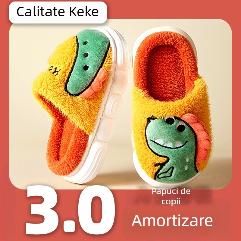 Papuci de interior pentru copii, model desen animat, partea superioară din velur coral, talpă PVC, antiderapante, pentru copii 7–12 ani.