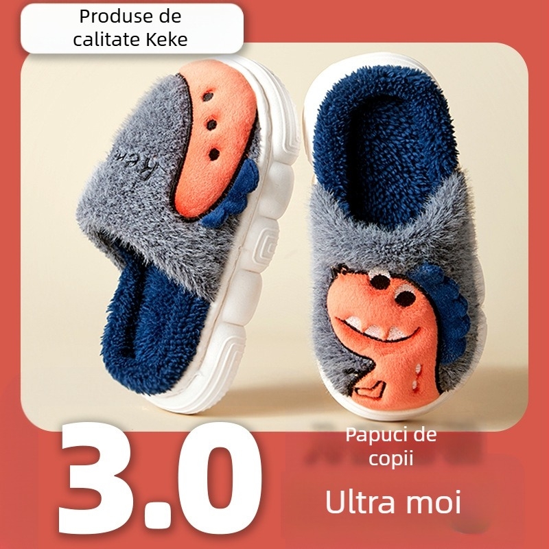 Papuci de interior pentru copii, model desen animat, partea superioară din velur coral, talpă PVC, antiderapante, pentru copii 7–12 ani.