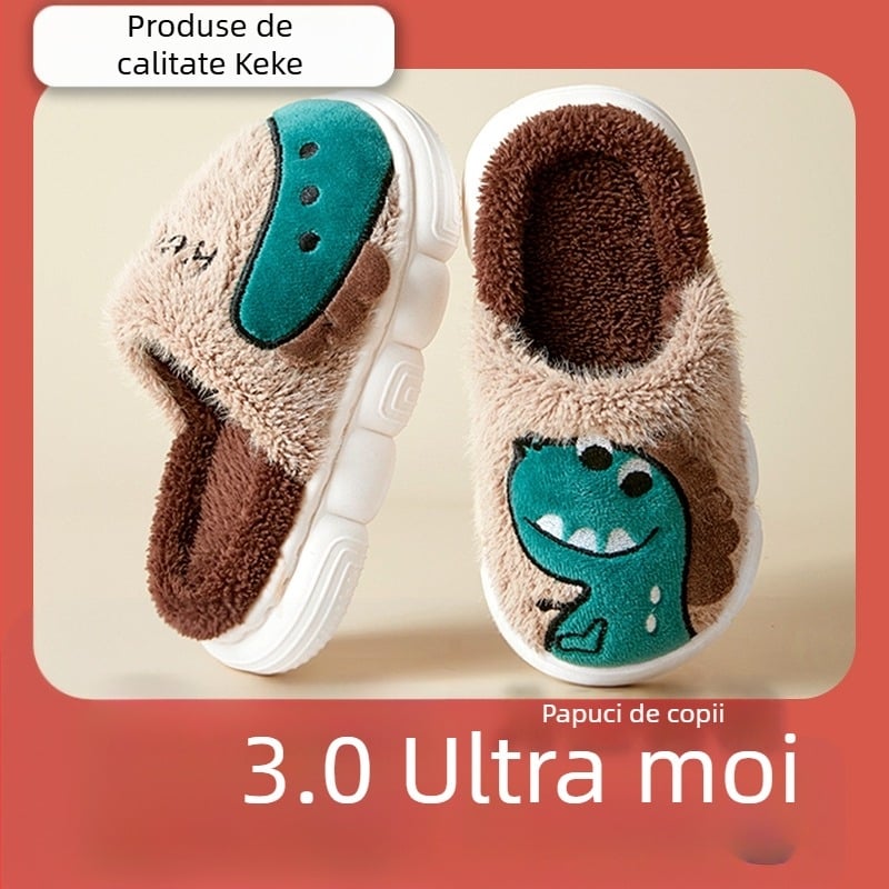 Papuci de interior pentru copii, model desen animat, partea superioară din velur coral, talpă PVC, antiderapante, pentru copii 7–12 ani.