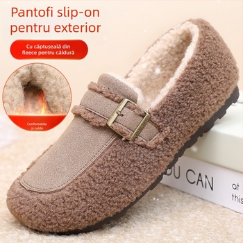 Loafers damă din nubuk, căptușeală de blană artificială, slip-on, toc plat 1–3 cm, vârf rotund, talpă din material compozit