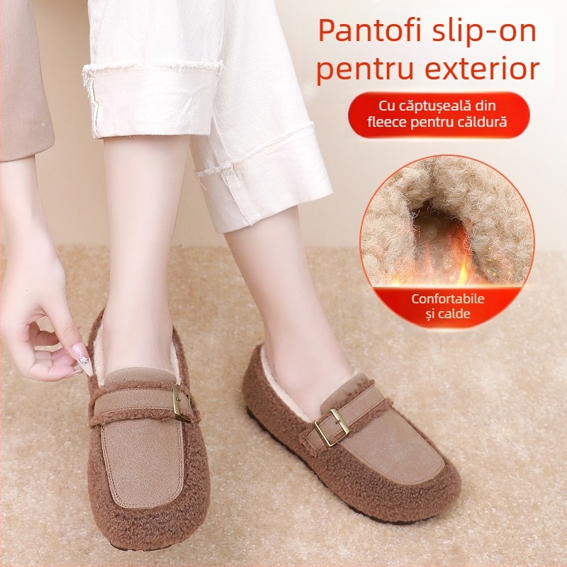 Loafers damă din nubuk, căptușeală de blană artificială, slip-on, toc plat 1–3 cm, vârf rotund, talpă din material compozit