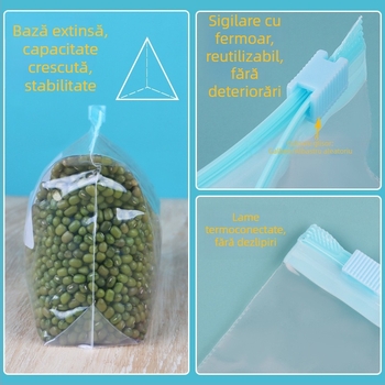 Pungă de depozitare pentru congelator cu fermoar, din plastic alimentar, reutilizabilă, compatibilă cu cuptorul cu microunde, antibacteriană, rezistentă de la -60°C la 100°C