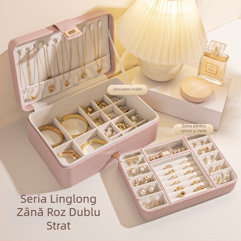 Cutie pentru bijuterii cu mai multe compartimente și capacitate mare, material Lychee peel, căptușeală din catifea, greutate 0,93 kg, stil Leisure