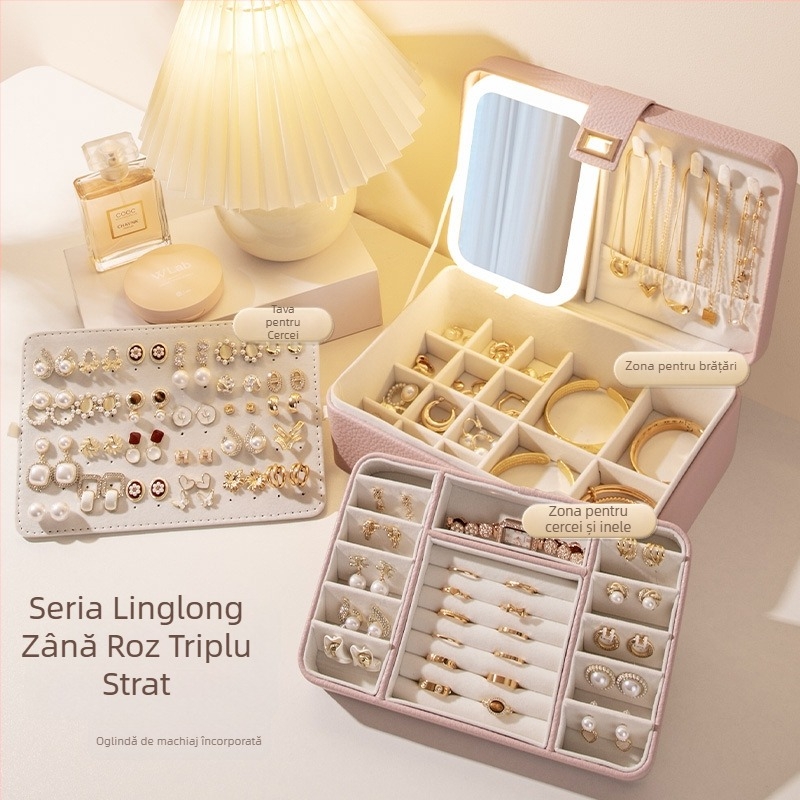 Cutie pentru bijuterii cu mai multe compartimente și capacitate mare, material Lychee peel, căptușeală din catifea, greutate 0,93 kg, stil Leisure