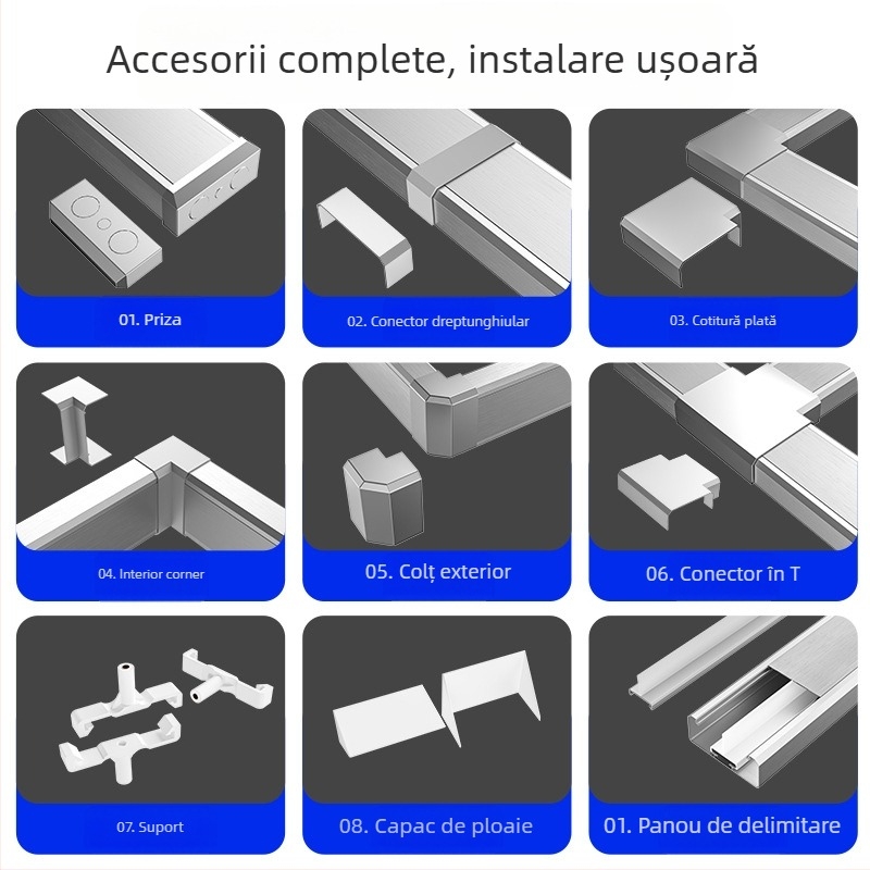 Canal de cabluri din aliaj de aluminiu, montat la suprafață, priză 86, cabluri ascunse
