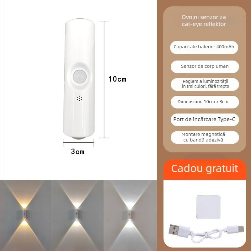 Lampa de noapte cu senzor de prezență și iluminare ambientală, lampă de perete cu abajur ABS și baterie încorporată (Tensiune ≤36V)