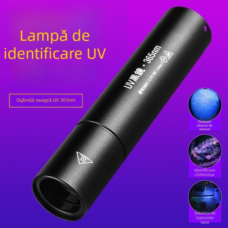 Lampă Wood's UV reîncărcabilă 365 nm cu LED pentru detectarea fluorescenței, corp din aluminiu, baterie 800 mAh, încărcător inclus