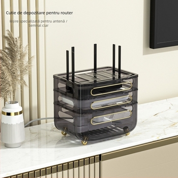 Box de depozitare pentru router – Organizator de birou cu 3 etaje pentru router, modem și set-top box, anti-praf, plastic, fără montaj și găurire, stil Light Luxury