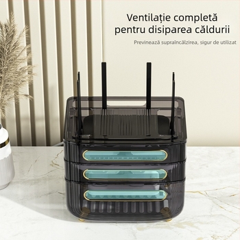 Box de depozitare pentru router – Organizator de birou cu 3 etaje pentru router, modem și set-top box, anti-praf, plastic, fără montaj și găurire, stil Light Luxury