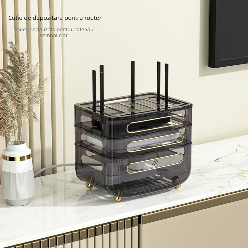 Box de depozitare pentru router – Organizator de birou cu 3 etaje pentru router, modem și set-top box, anti-praf, plastic, fără montaj și găurire, stil Light Luxury