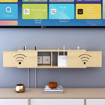 Raft de depozitare din lemn pentru router WiFi și decodor TV | montaj fără găuri, 1 nivel, organizare sufragerie