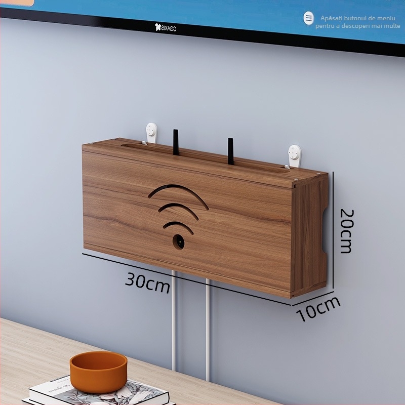 Raft de depozitare din lemn pentru router WiFi și decodor TV | montaj fără găuri, 1 nivel, organizare sufragerie