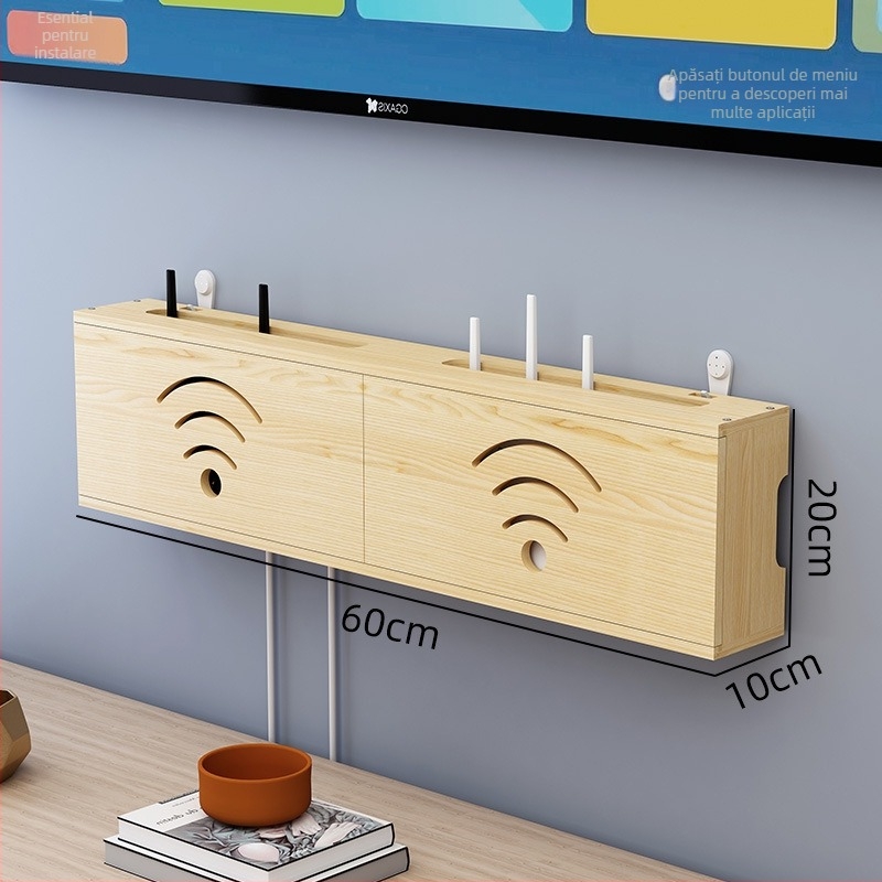 Raft de depozitare din lemn pentru router WiFi și decodor TV | montaj fără găuri, 1 nivel, organizare sufragerie