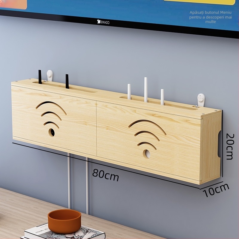 Raft de depozitare din lemn pentru router WiFi și decodor TV | montaj fără găuri, 1 nivel, organizare sufragerie