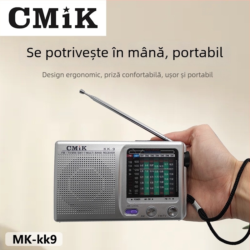 Radio portabil pentru vârstnici cu difuzor încorporat, reglaj manual, sunet mono, suport MP3, baterie sub 1000 mAh