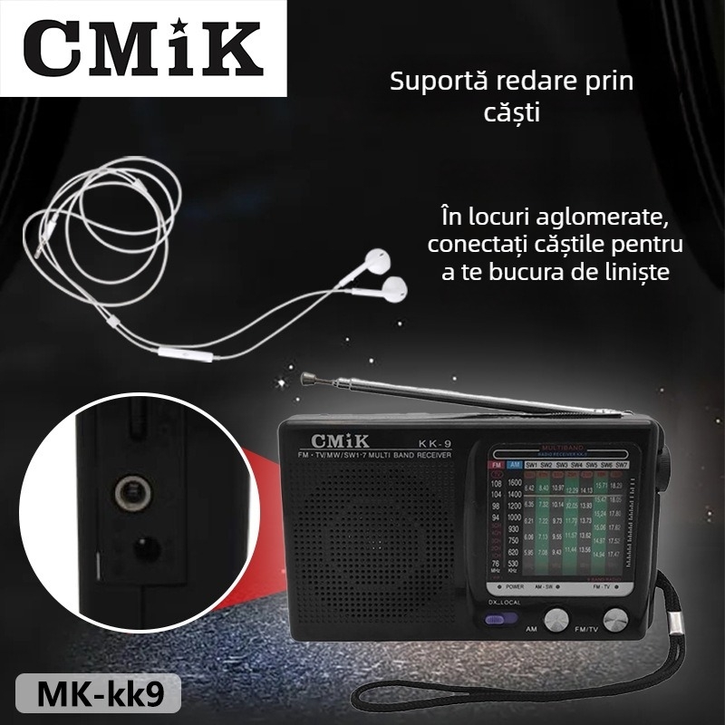 Radio portabil pentru vârstnici cu difuzor încorporat, reglaj manual, sunet mono, suport MP3, baterie sub 1000 mAh