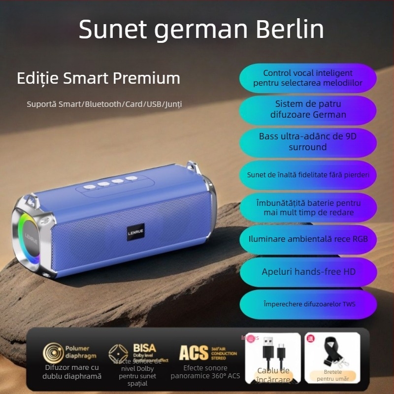 Boxă Bluetooth stereo cu difuzoare duale, bas puternic; 10W, Bluetooth 5.3, baterie 1000-1200mAh, IPX3 rezistent la apă, interval de frecvență 100Hz-20kHz