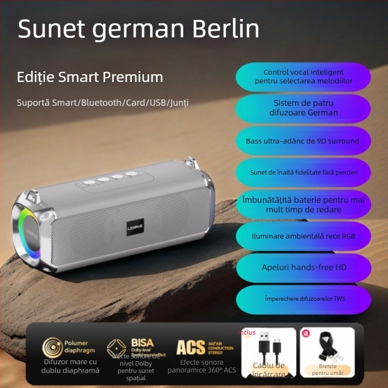 Boxă Bluetooth stereo cu difuzoare duale, bas puternic; 10W, Bluetooth 5.3, baterie 1000-1200mAh, IPX3 rezistent la apă, interval de frecvență 100Hz-20kHz