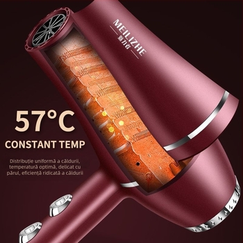 Uscător de păr puternic, motor cu perii, reglaj aer rece/calduros, 3 trepte de viteză a aerului, duză unică, control permanent al temperaturii