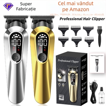 Mașină de tuns păr reîncărcabilă pentru uz casnic, cu afișaj digital, baterie încorporată 1000–1200 mAh, lame ceramice, cap de lamă detașabil și lavabil, design rezistent la apă