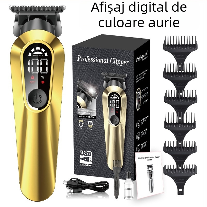 Mașină de tuns păr reîncărcabilă pentru uz casnic, cu afișaj digital, baterie încorporată 1000–1200 mAh, lame ceramice, cap de lamă detașabil și lavabil, design rezistent la apă