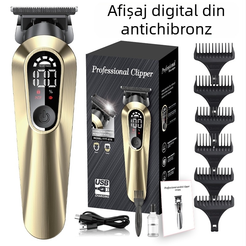 Mașină de tuns păr reîncărcabilă pentru uz casnic, cu afișaj digital, baterie încorporată 1000–1200 mAh, lame ceramice, cap de lamă detașabil și lavabil, design rezistent la apă