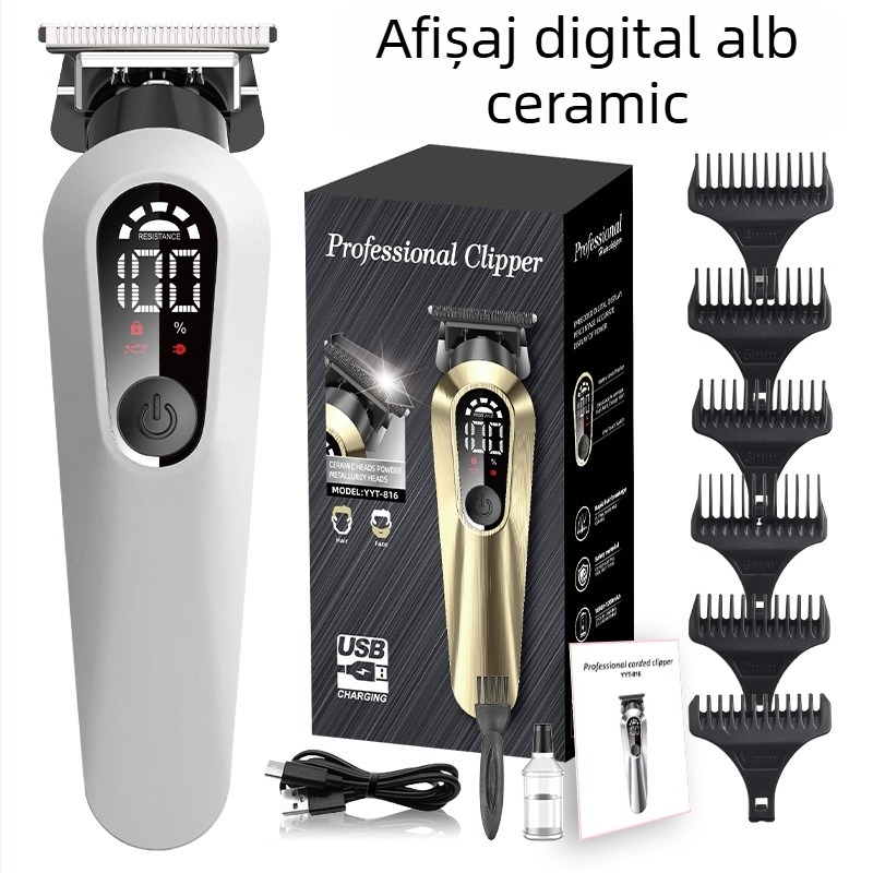 Mașină de tuns păr reîncărcabilă pentru uz casnic, cu afișaj digital, baterie încorporată 1000–1200 mAh, lame ceramice, cap de lamă detașabil și lavabil, design rezistent la apă