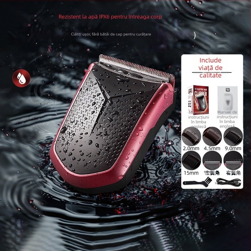 Mașină electrică de tuns păr cu spălare completă a corpului și afișaj LCD, reîncărcabilă, motor cu perii, lame din oțel inoxidabil (Baterie încorporată 500-800 mAh – Autonomie 1-3 h – Zgomot 46-70 dB – Rezistent la apă)