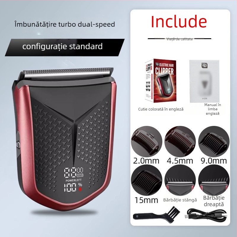 Mașină electrică de tuns păr cu spălare completă a corpului și afișaj LCD, reîncărcabilă, motor cu perii, lame din oțel inoxidabil (Baterie încorporată 500-800 mAh – Autonomie 1-3 h – Zgomot 46-70 dB – Rezistent la apă)