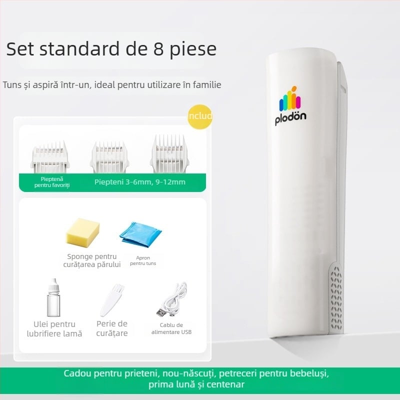 Puliton Mașină de tuns păr – Ultra-quiet, Reîncărcabilă, 5W, Aspirație de păr, Rezistentă la apă, pentru bebeluși și copii