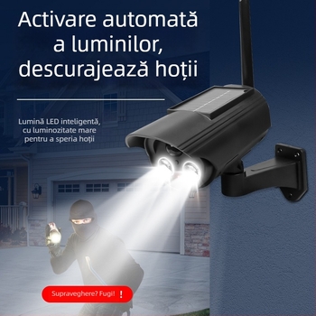 Lumină alimentată cu energie solară cu senzor de mișcare și cameră simulate, pentru interior și exterior, vedere pe noapte cu infraroșu până la 5 m, carcasă din ABS, tensiune 3,7V, temperatură de funcționare -5°C până la 55°C