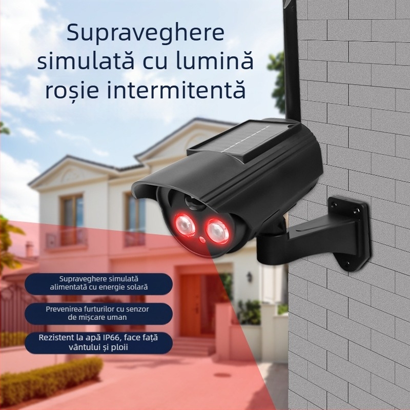 Lumină alimentată cu energie solară cu senzor de mișcare și cameră simulate, pentru interior și exterior, vedere pe noapte cu infraroșu până la 5 m, carcasă din ABS, tensiune 3,7V, temperatură de funcționare -5°C până la 55°C