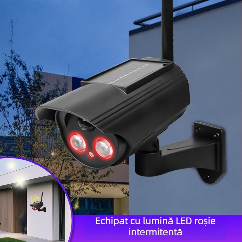 Lumină alimentată cu energie solară cu senzor de mișcare și cameră simulate, pentru interior și exterior, vedere pe noapte cu infraroșu până la 5 m, carcasă din ABS, tensiune 3,7V, temperatură de funcționare -5°C până la 55°C